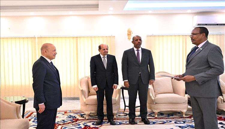 العليمي يتسلّم أوراق سفير الصومال ويشدد على مواجهة التهديدات العابرة للحدود