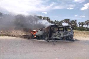 حريق في مركبة نتيجة تسرب غاز بالقطن دون إصابات بشرية
