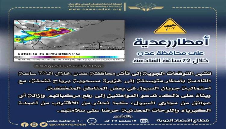 الأرصاد تحذر أمطار رعدية وسيول محتملة تضرب عدن خلال 72 ساعة القادمة