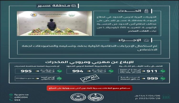 حرس الحدود السعودييعلن  القبض على أربعه مهربين وبحوزتهم 50 كيلوجراما من نبات القات المخدر بعسير