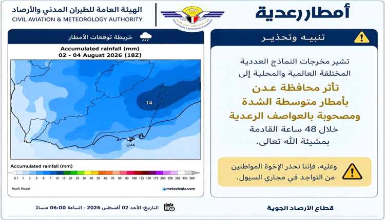 الأرصاد تتوقع أمطارًا رعدية في عدن خلال اليومين المقبلين وتدعو لاتخاذ الاحتياطات