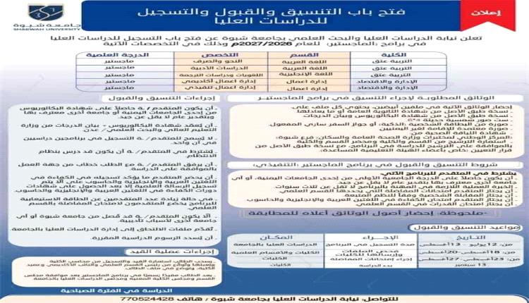 جامعة شبوة تفتح باب القبول لبرامج الماجستير الأكاديمي والتنفيذي