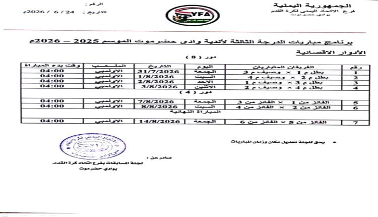  وادي حضرموت يستعد لانطلاق تصفيات الدرجة الثالثة وسط ترتيبات مكثفة