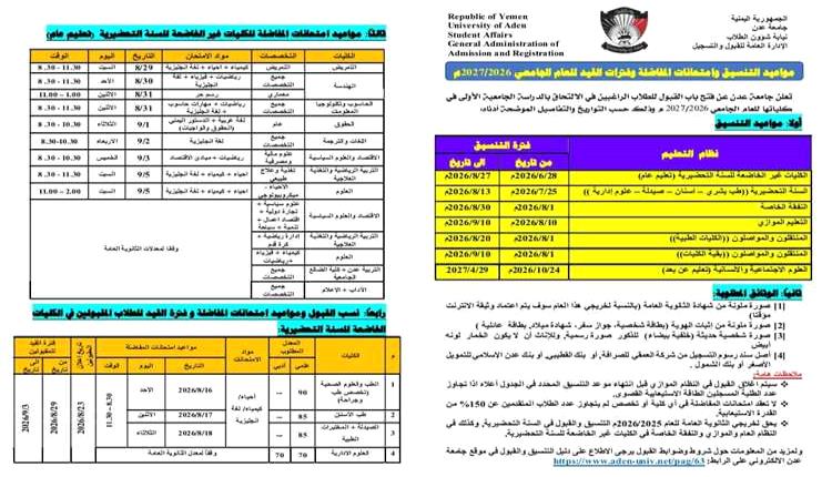 جامعة عدن تدشن غداً أعمال التنسيق والقبول للعام الجامعي 2026-2027