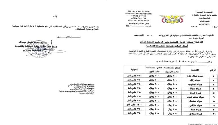 مكتب الصناعة والتجارة بالعاصمة عدن يعمم قائمة أسعار المياه المعدنية