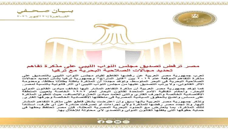 مصر ترفض تصديق البرلمان الليبي على مذكرة التفاهم البحرية مع تركيا وتؤكد بطلانها