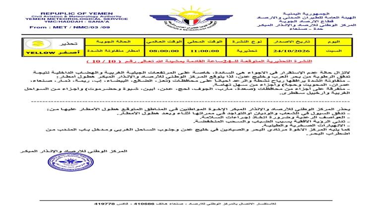 تحذير جوي يشمل عدن ومحافظات يمنية عدة من الأمطار الرعدية والسيول واضطراب البحر